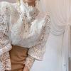 Frauen Stehkragen Spitze Patchwork Shirts Casual Aushöhlen Blume Blütenblatt Hülse Taste Tops Weiße Shirts für Frauen