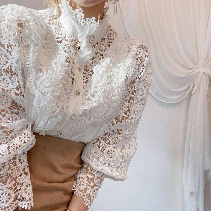 Frauen Stehkragen Spitze Patchwork Shirts Casual Aushöhlen Blume Blütenblatt Hülse Taste Tops Weiße Shirts für Frauen