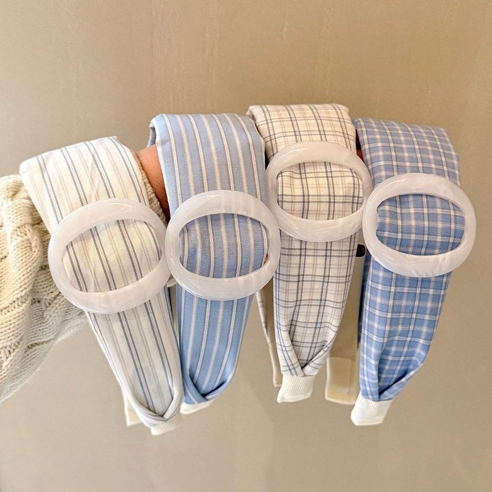 Blue Plaid Wide Brim Headband Round Shape Women Headband New Makeup Headband  For Hair Styling