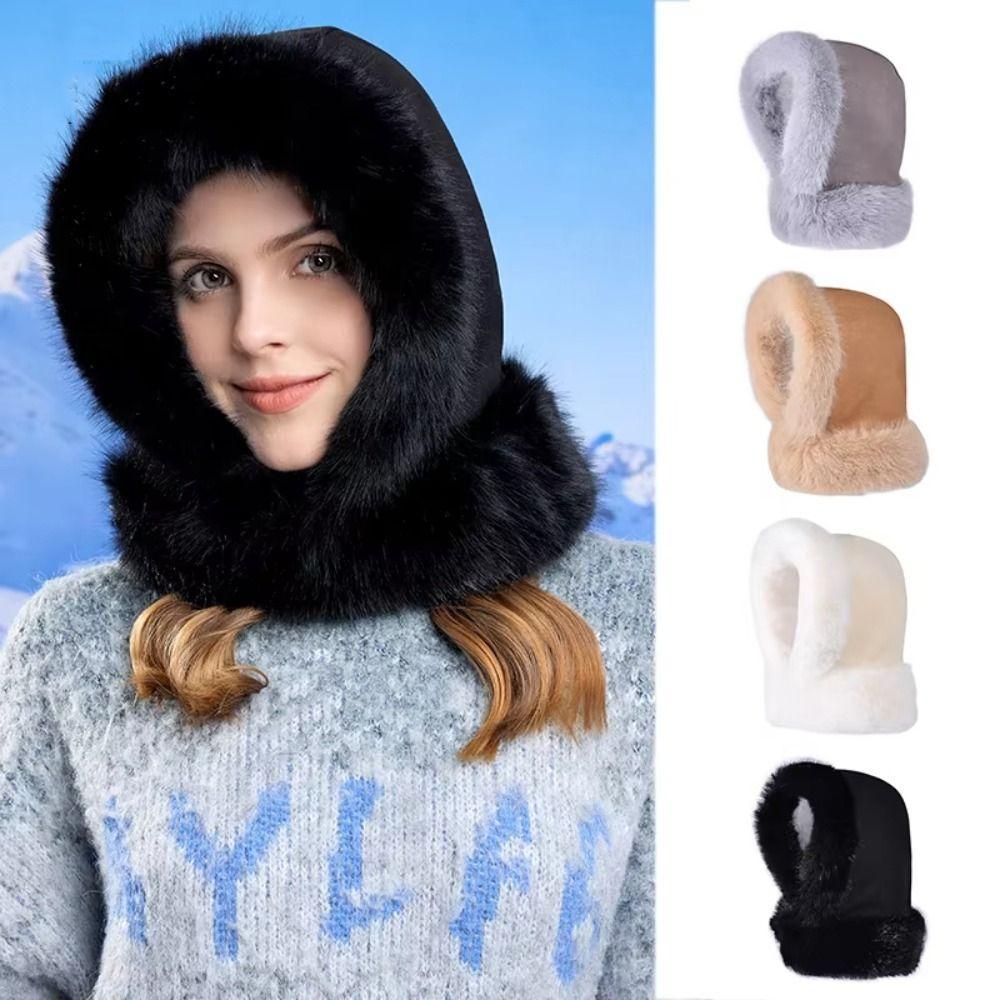 

Однотонная шапка с капюшоном, ветрозащитная шапка с воротником-стойкой, симпатичная плюшевая шапка-балаклава, зимняя бежевый