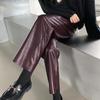 Women's Black PU Leather High-Waist Slimming Pants - 2025 Autumn/Winter Draped Nine-Point Straight Leg