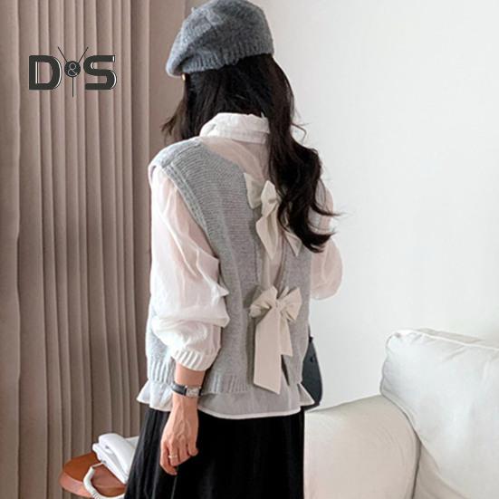 Women Knitted Vest Round Neck Sleeveless Crop Tank Back Bow Tie Decor Hollow Back Solid Color Sweater Vest