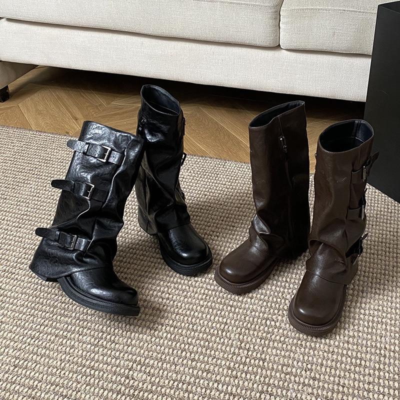 Thick-soled trouser boots for women's new thin thick heel belt buckle knight boots medium tube stack boots western cowboy boots for women
