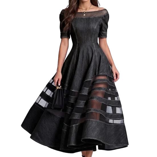 Women s Off Shoulder Denim Dress Mesh Patchwork Short Sleeve A-line Swing Dress Summer Travel S чёрный