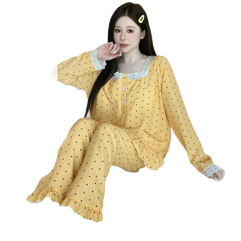 Yellow Sweet Princess Long Pajamas with Chest Pad - Korean Cloud Cotton, Plus Size, Spring/Autumn Style