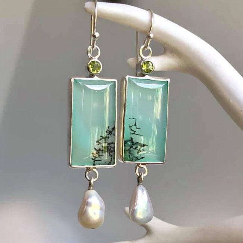 

Vintage Square Green Opal Stone Dangle Earrings for Women Ethnic Copper Color Round Stone Pearl Earring Party Zircon