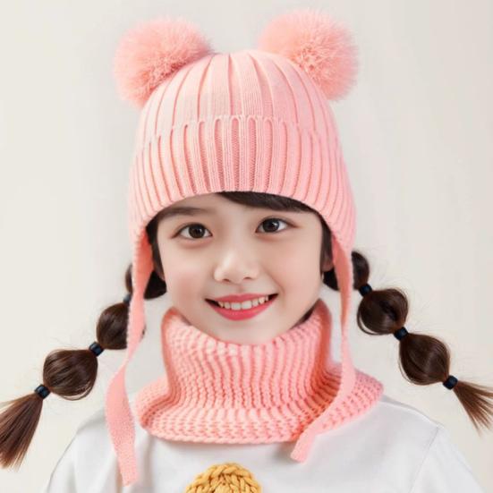 2Pcs/Set Children Winter Hat Scarf Set Plush Ball Decor Solid Color Plush Lining Knitting Hat Warm Neckerchief Set