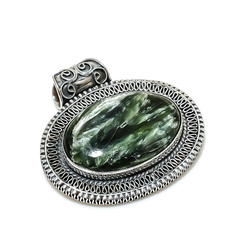 Natural Seraphinite Gemstone Silver Pendant In 925 Sterling Silver- Handmade Design, Everyday Wear Jewelry, Antique Pendant Gifts For Her