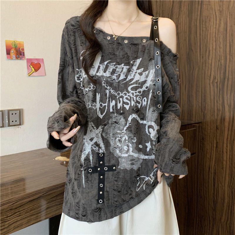 Asymetryczny, podarty T-shirt Plus Size z odkrytymi ramionami: Wyszczuplający top z długim rękawem na wiosnę/jesień