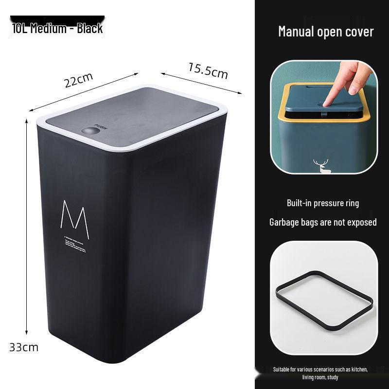 High-Capacity Press-Open Trash Can with Lid for Kitchen & Living Room - Stylish & Popular