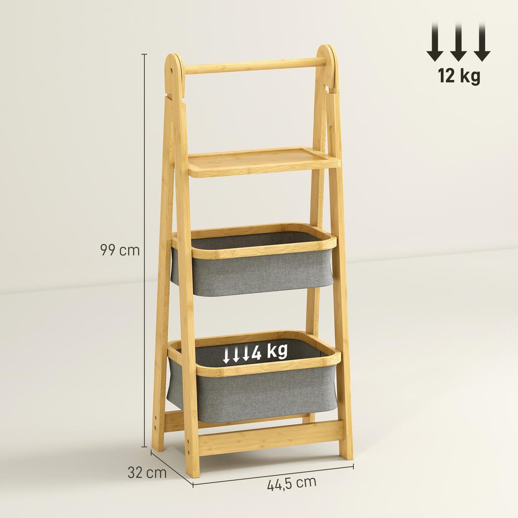 Folding Bamboo Bathroom Shelf with 2 Laundry Baskets Open Shelf Grey