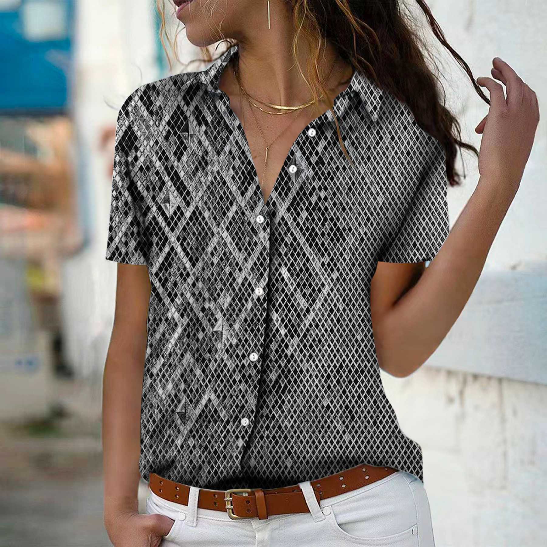 

2023 летняя новая модная женская рубашка с квадратной сеткой и коротким рукавом с v-образным вырезом, повседневная рубашка на пуговицах, топ