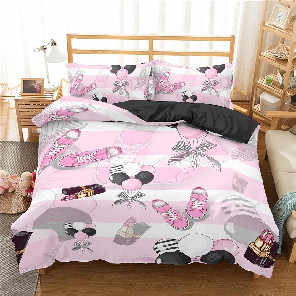 Makeup Lipstick Luxury Bedding Set Cosmetic Pink Duvet Cover Girls Women Polyester Bedding Set Home Textiles 23pcs King Queen