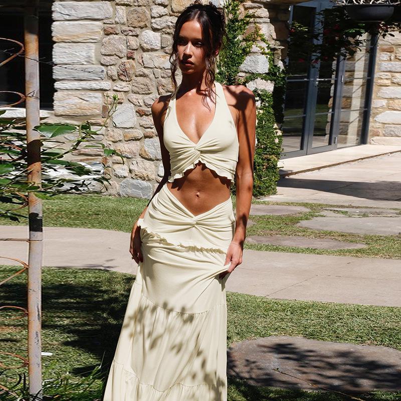 

Sexy V-Neck Ruffle Halter Tie Long Dress Two-Piece Set for Women Medium