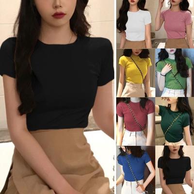 Summer Ladies Slim Fit Cropped Tops T Shirt Short Sleeve Casual Tees Crew Neck Pullover Pure Color