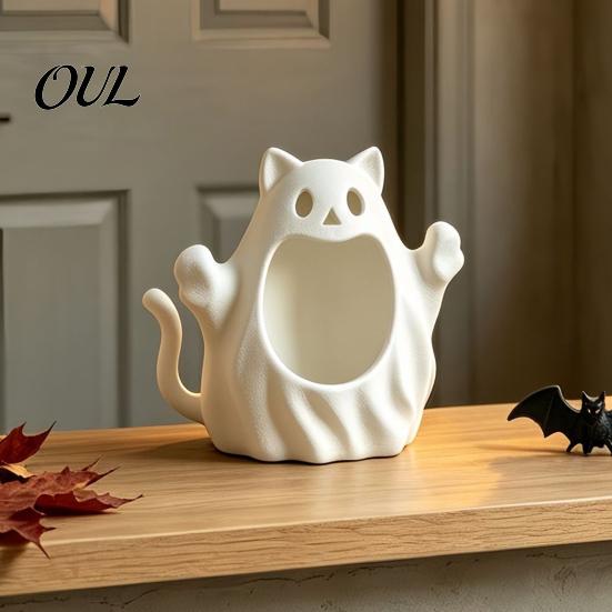 Cute Spooky Home Decorations 3D Printed Halloween Ghost Cat Storage Holder, Decorative Kitten Statue with Holiday Seasonal Ornaments Hollow