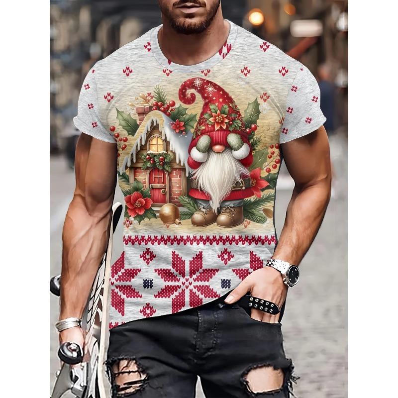 Sommer Herren Bequem Modisch Weihnachtsmann 3D Digital Bedrucktes T-Shirt- Weiches Mittel Elastisches Polyesterfaser Gewebe Sommer Locker Freizeitkleidung
