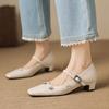 Krazing Pot Microfiber Square Toe Thick Med Heels Spring Summer Shoes Big Size 43 Flowers Decoration Women Office Lady Pumps