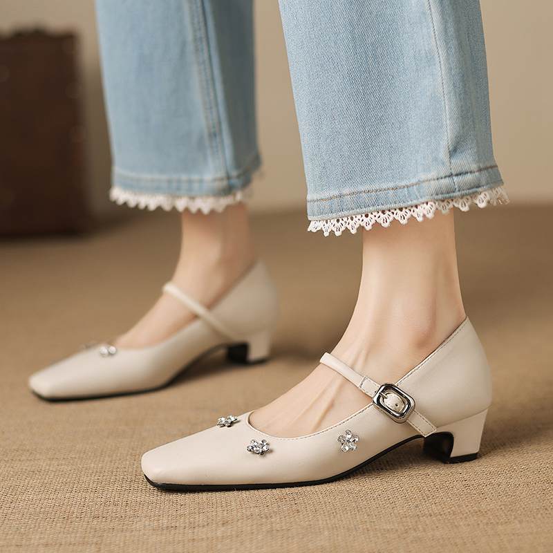 Krazing Pot Microfiber Square Toe Thick Med Heels Spring Summer Shoes Big Size 43 Flowers Decoration Women Office Lady Pumps