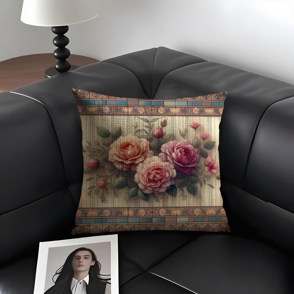 Rose Elegant Cushion Cover Natural Linen Organic Fabric DoubleSided Printing Sofa Home Decor Gift Pillow Case