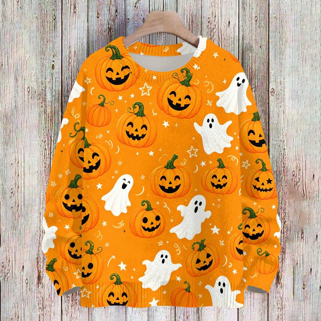 Women's Casual Long Sleeve Halloween Print Round Neck Knit Sweater Top