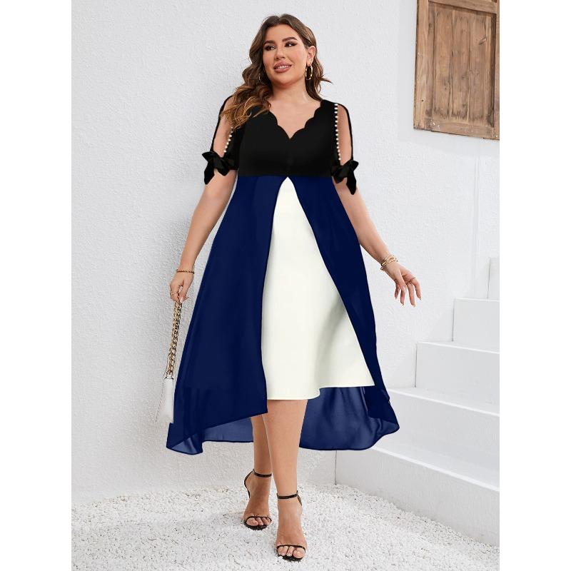 Spring and Summer New Style Large-Sized Short-Sleeved V-Necked Patchwork Fake Two-Piece Irregular Pearl Sleeveless Dress for Women