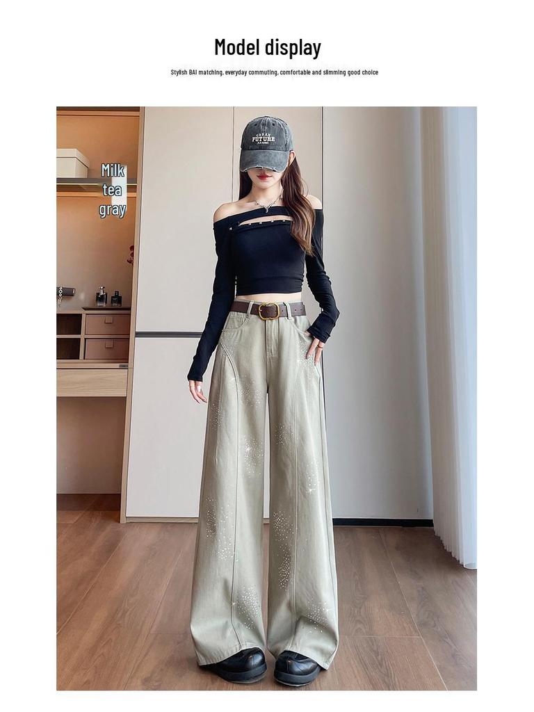 Women's Retro Fireworks Rhinestone Denim Jeans: Stylish Wide-Leg, Floor-Length Pants