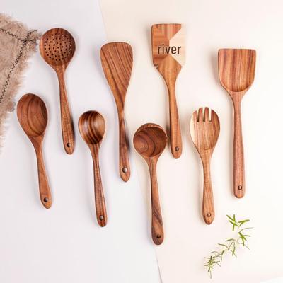 Teak Wood Kitchen Utensil Set: Includes Spatula, Soup Ladle, Stir-Fry Spoon, Slotted Spoon, and Fork for Non-Stick Pans