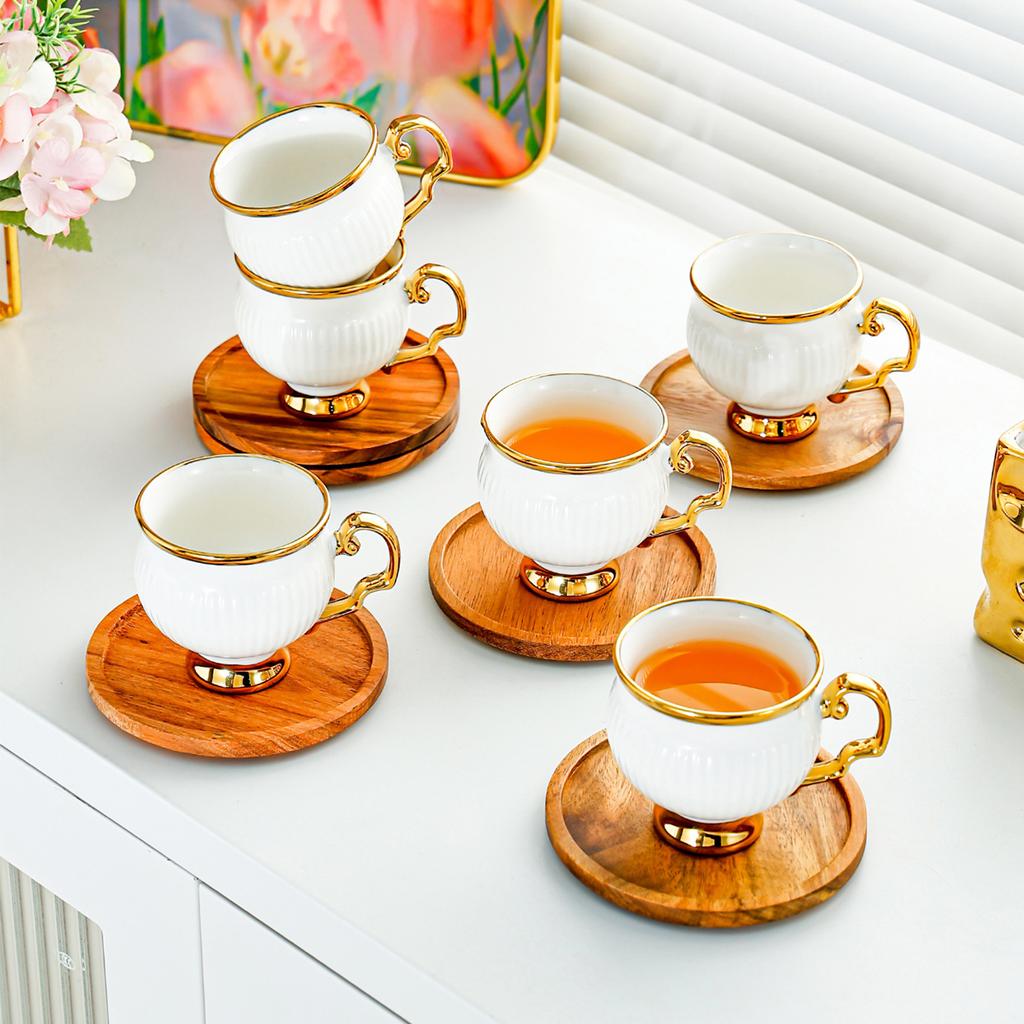 Ceramic Espresso Cup Set European Simple Phnom Penh Coffee Cup with Bamboo Wood Coaster Cup Saucer Afternoon Tea Set