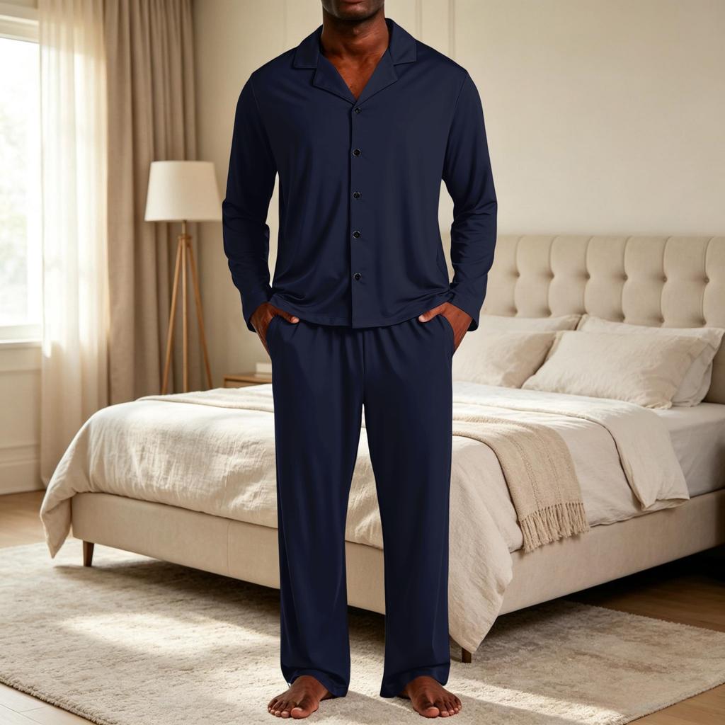 Herren-Pyjama-Set mit Reversknopfleiste und gerader Hose - Farbe Lockere Passform Nachtwäsche