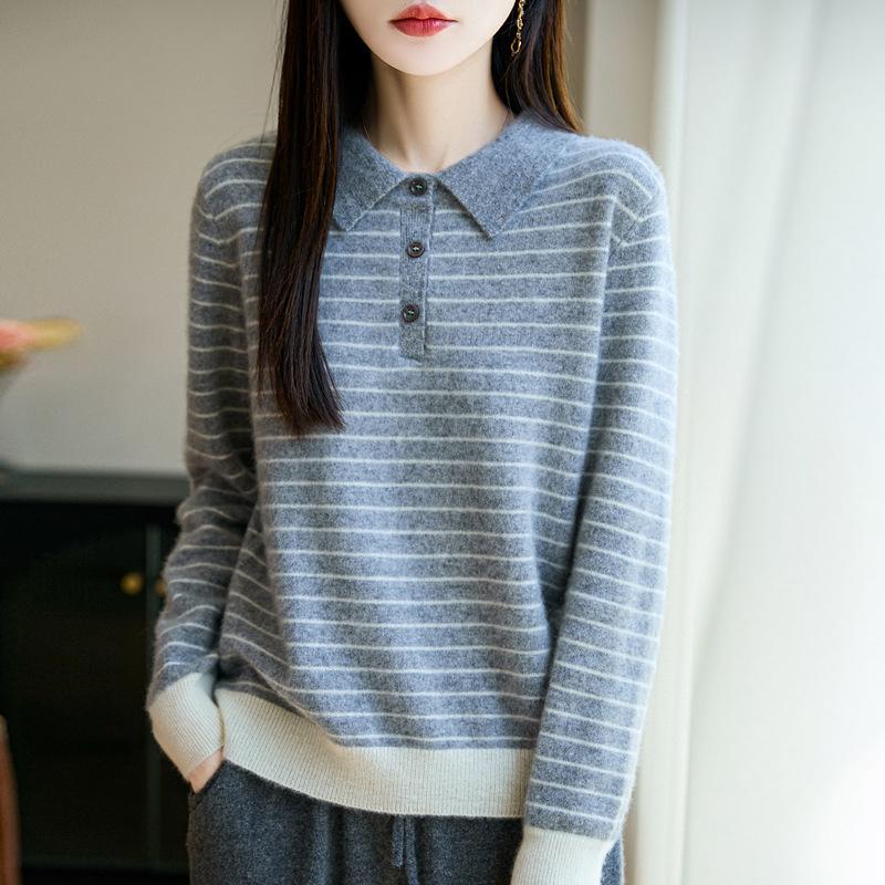 Women's Striped Color Block Polo Neck Knit Sweater - Long Sleeve, Autumn/Winter Top