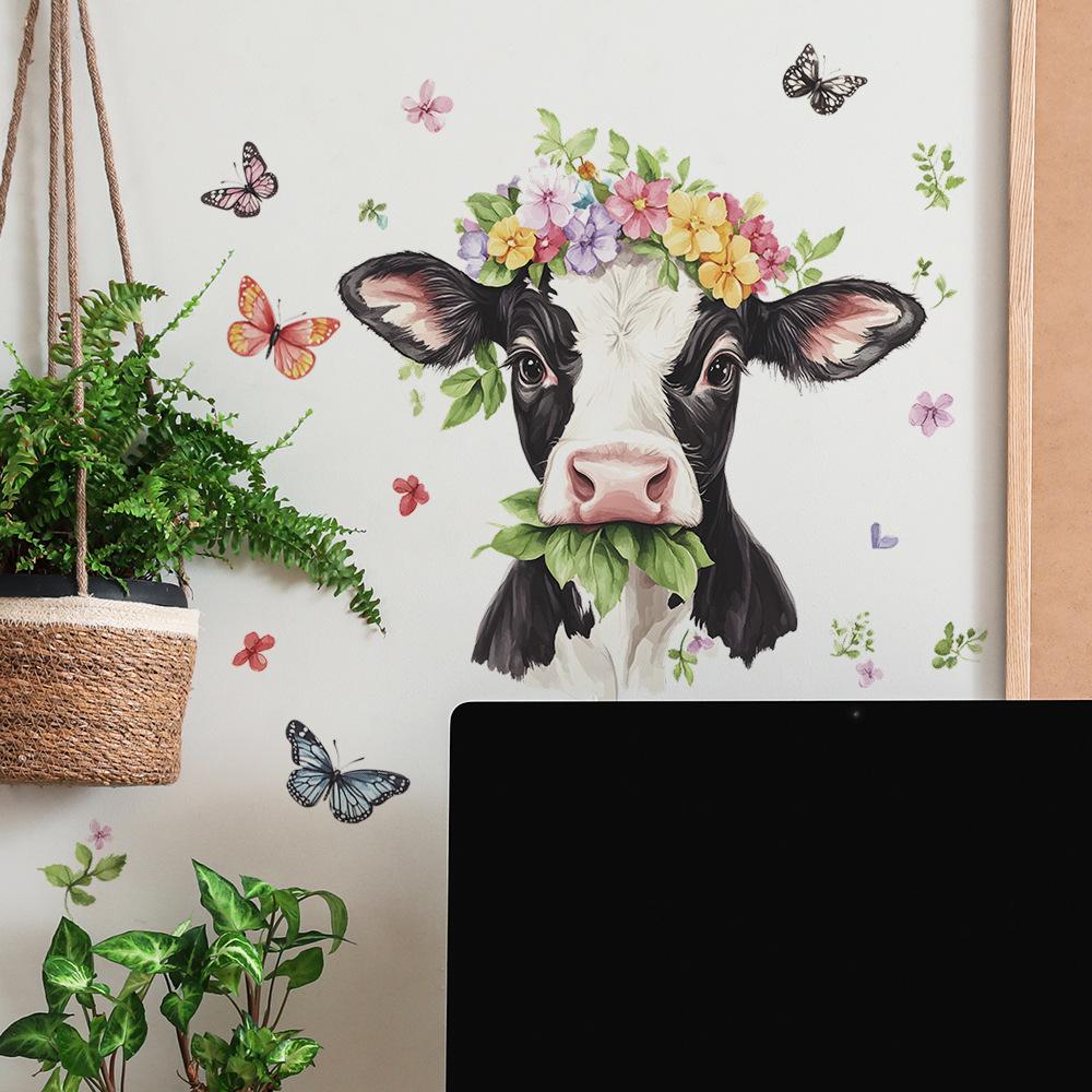 Cartoon Cows Flowers Butterflies Bedroom Living Room Entrance Hall Home Background Beautification Wall Stickers