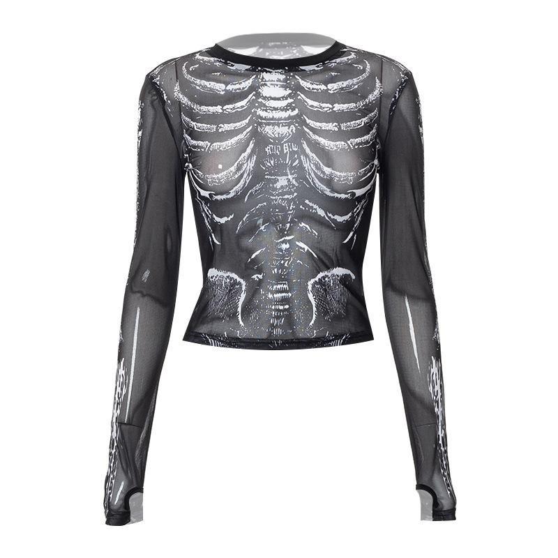 2KWEIRD Y2K Sexy Dantelă Plasă Transparent Tricouri Goth Imprimeu Grafic Mânecă Lungă Tricot Patchwork Topuri Vintage Femei Streetwear de Vară