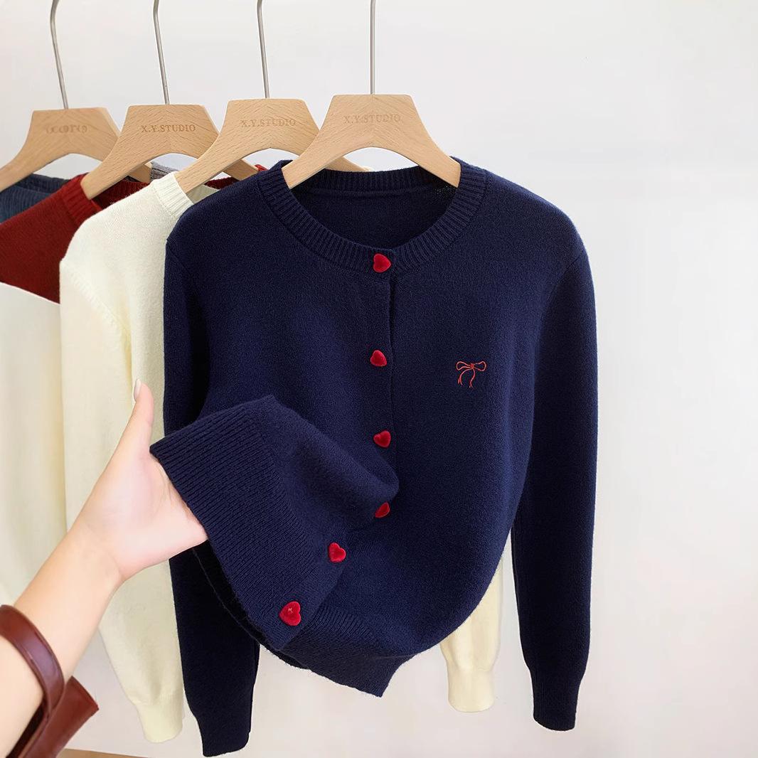 

Embroidery Knitted Cardigan Women O Neck Breasted Heart Button Sweater Casual Knitting One Size