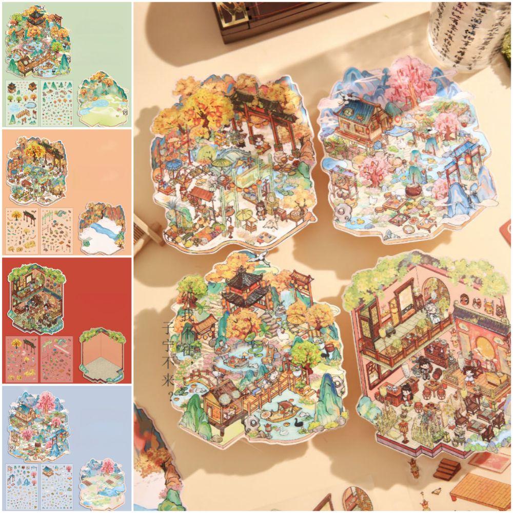 Chinese Retro 3D Stacked Landscape Stickers Cartoon Landscaping Making Sticker  Parent-child