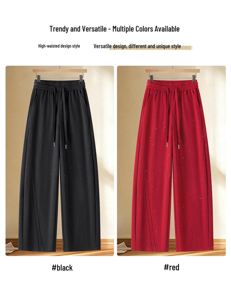 Spring 2026 Red Rhinestone Wide-Leg High-Waist Sweatpants for Women