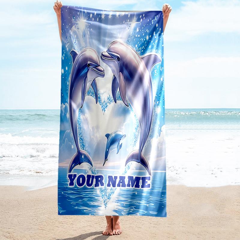 1PC Custom Name Dolphins Harmony Beach Towel Highly Absorbent And Sand-Resistant Towel for Swimming, Pool, Yoga, And Travel Lightweight