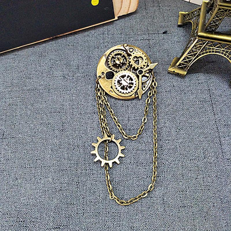 Retro Steampunk Gear Brooches Gear Tassel Chain Lapel Pins Men Shirt Suit Badge Jewelry Accessories