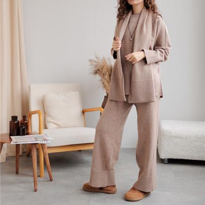 Conjunto de calças de suéter de malha solta com cachecol feminino gola redonda manga comprida pulôver elástico perna larga conjunto de calças outono inverno roupas femininas