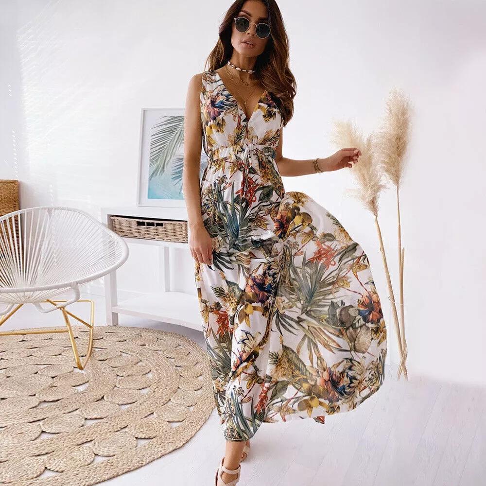 Women's Boho Floral V Neck Maxi Long Dress Ladies Summer Beach Swing Sundress