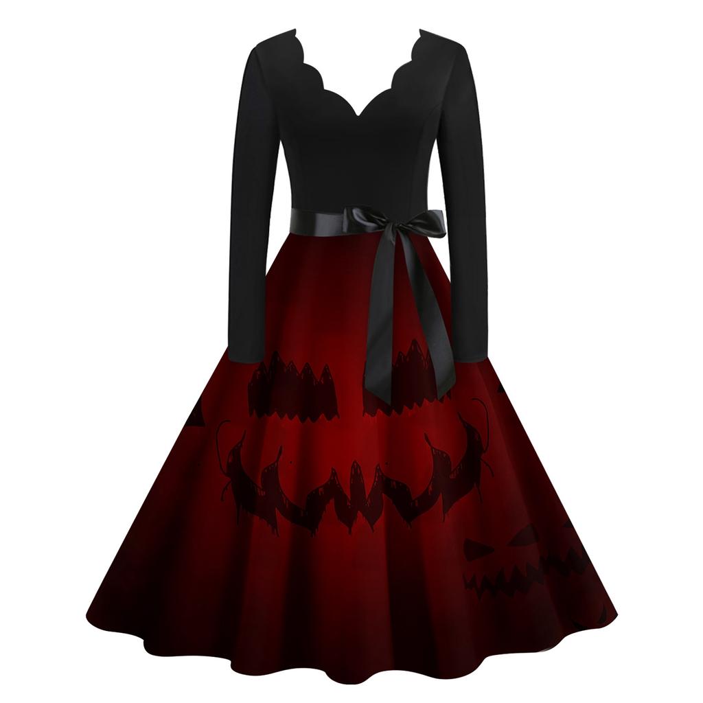 Halloween Women's Casual Fashion V-Neck Printed Vintage Dress