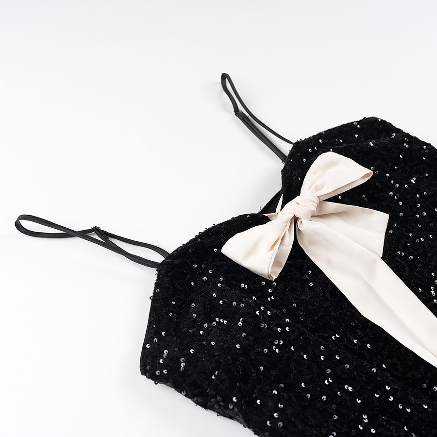 European and American Style Party Banquet Sequined Short Dress Summer Bow Decoration Backless Slim Suspender Mini Skirt