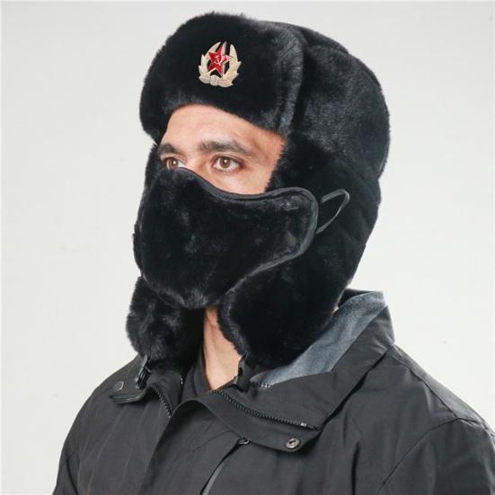 Cappello invernale unisex Lei Feng Cappello Protezione completa Pelliccia di coniglio sintetica spessa Morbido Antivento Calore Morbido Badge Decor Cappello da campeggio all'aperto Escursionismo