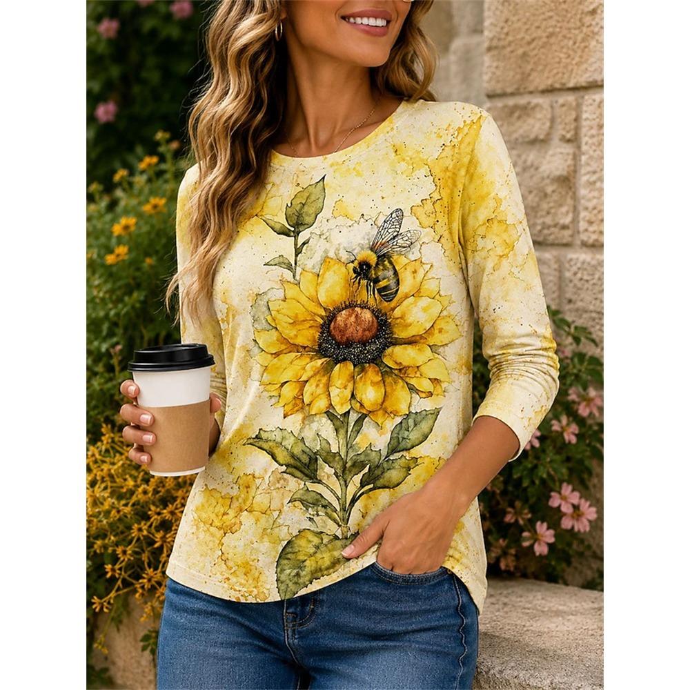Women's Long-Sleeve T-Shirt Autumn 2026 Elegant Comfortable Crew Neck 3D Sunflower Floral Print Vintage Casual Street-Style Top