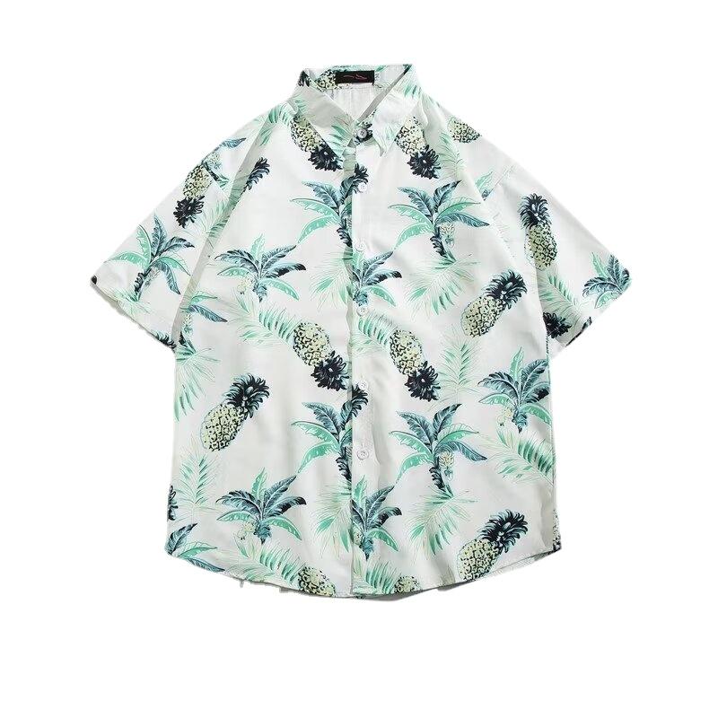 

Летняя мужская гавайская рубашка с коротким рукавом в корейском стиле, повседневная рубашка с цветочным принтом и ананасом, винтажная одежда для пляжного курорта