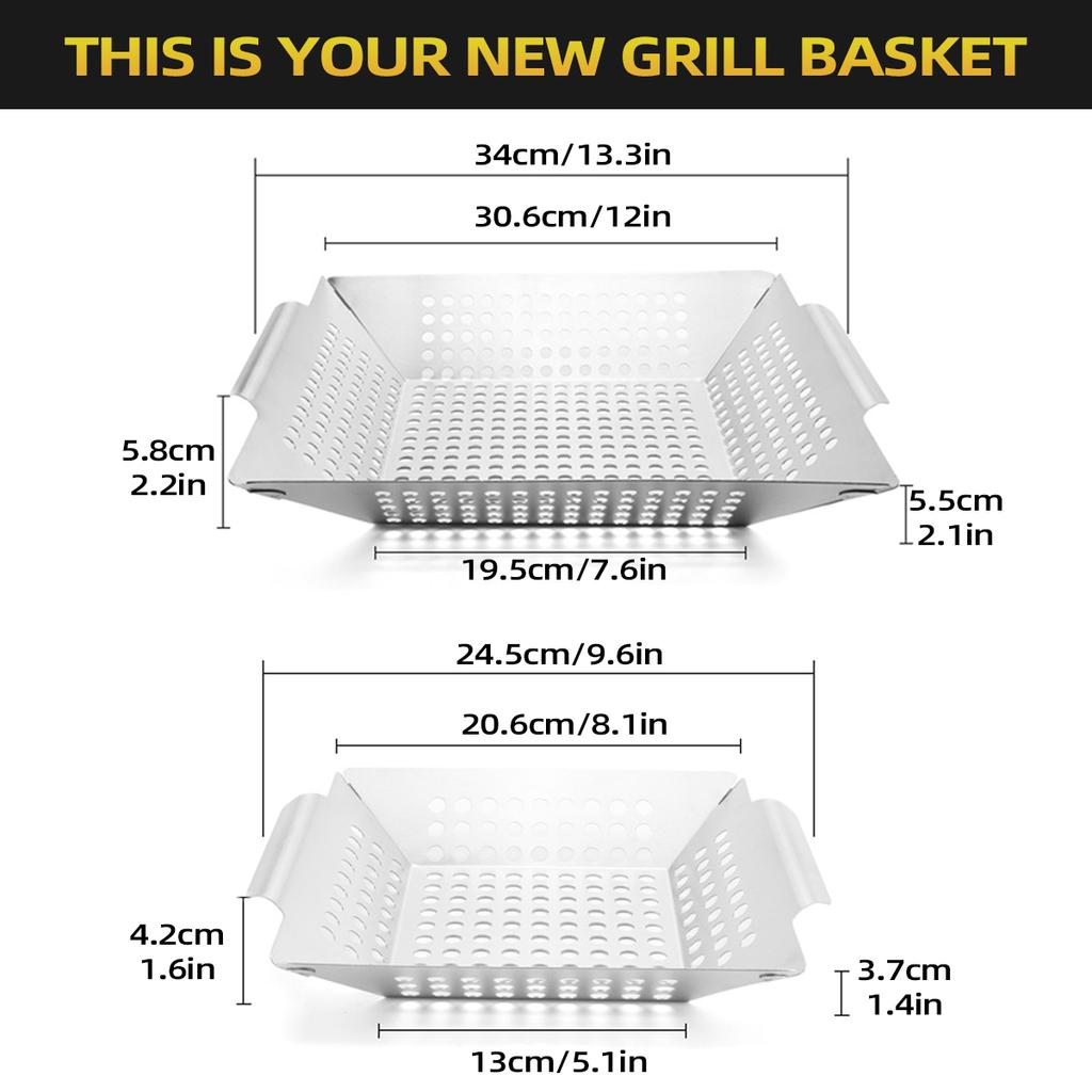 Leeseph Stainless Steel Perforated Grill Basket, Nonstick BBQ Grill Tray Durable Outdoor Grilling Basket Camping Cookware Grill