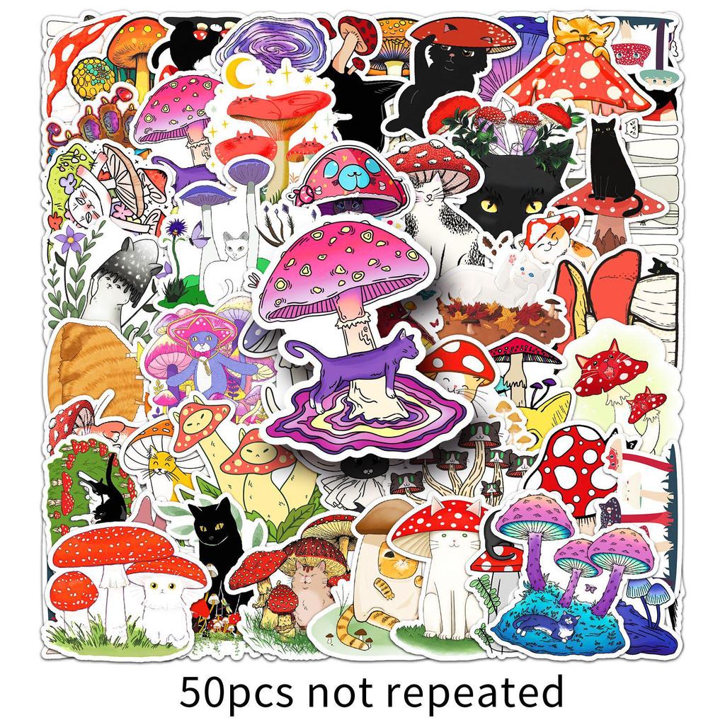 50-Pack Cartoon Cat & Mushroom Graffiti Stickers for Creative Decoration on Water Bottles & Phone Cases