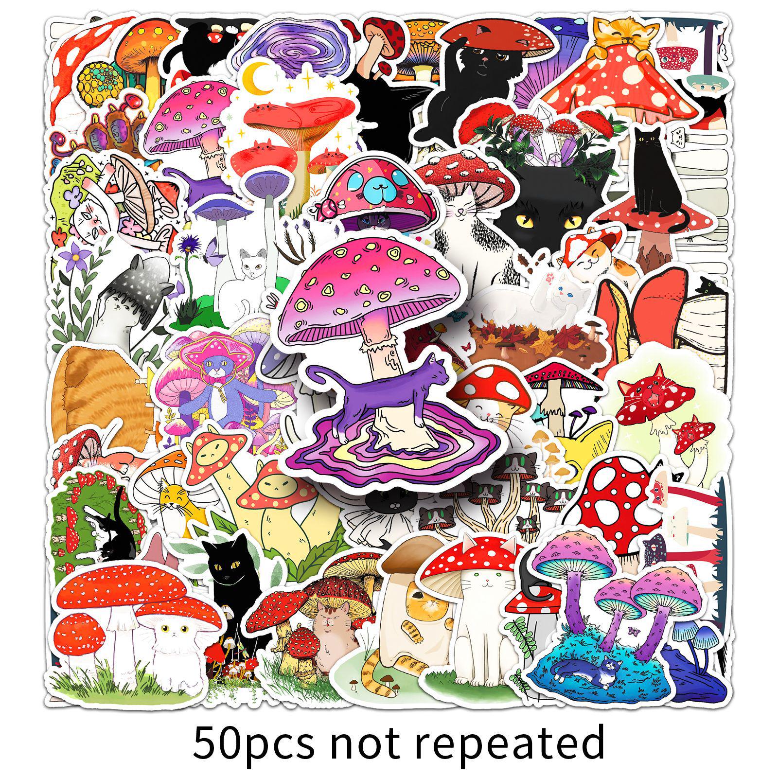 50 Cute Cartoon Cat & Mushroom Waterproof Stickers for Laptops, Thermos Cups, and Notebooks