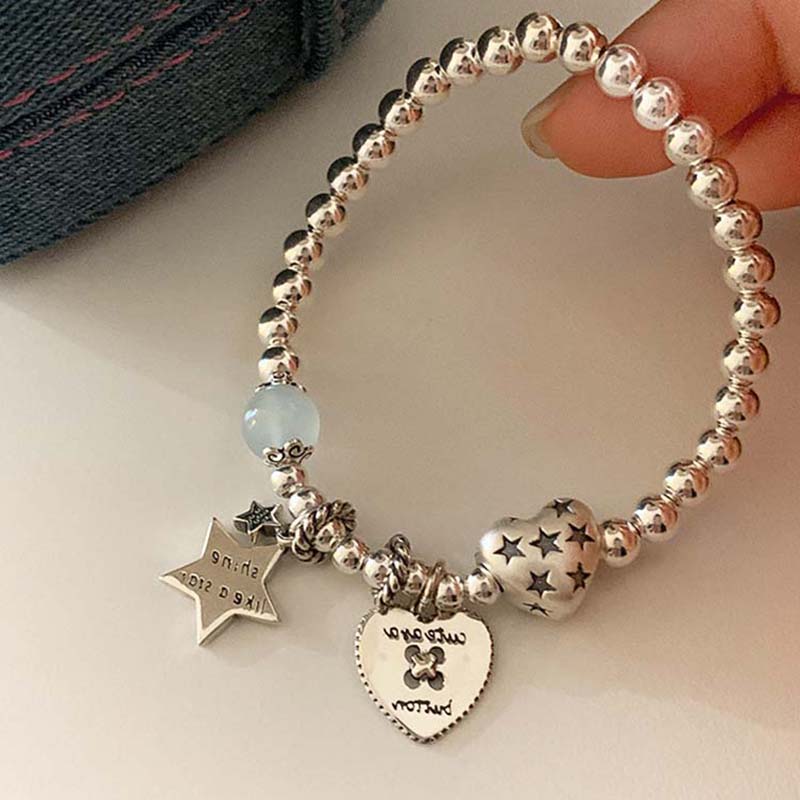 Y2K Punk Love Heart Star Pendant Bracelets for Women Girls Simple Handmade Metal Beaded Sweet Cool Bracelets Fashion Jewelry