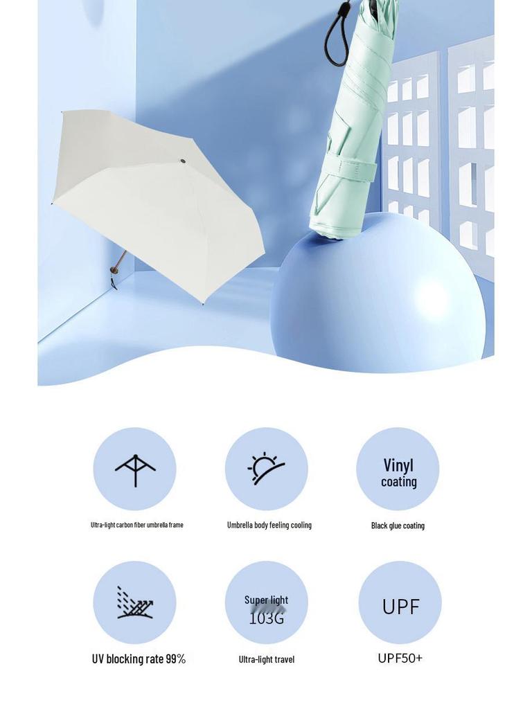 103g Carbon Fiber Mini Parasol - Black, UV-Protection, Folding Sunshade Umbrella for Women